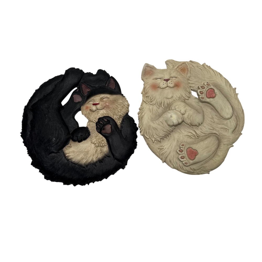 Vintage Made in Korea Sleeping Cat Wall Plaques Set of 2 Black & Cream 9"